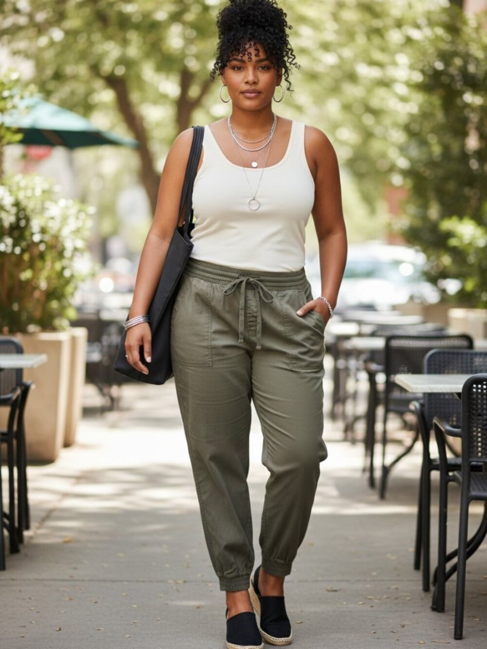 A New Day Joggers Women Large‎ Olive Green Excellent Smocked Waist Utility Pants
